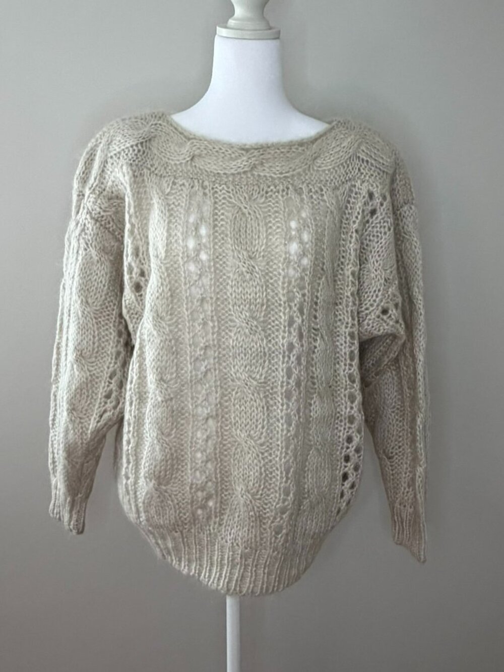 Vintage Light Taupe Greige Cable Knit Sweater Openwork Lace Chunky Mohair Style